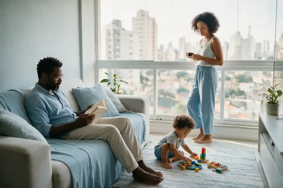 Família em casa, em apartamento com vista para São Paulo, em momento tranquilo