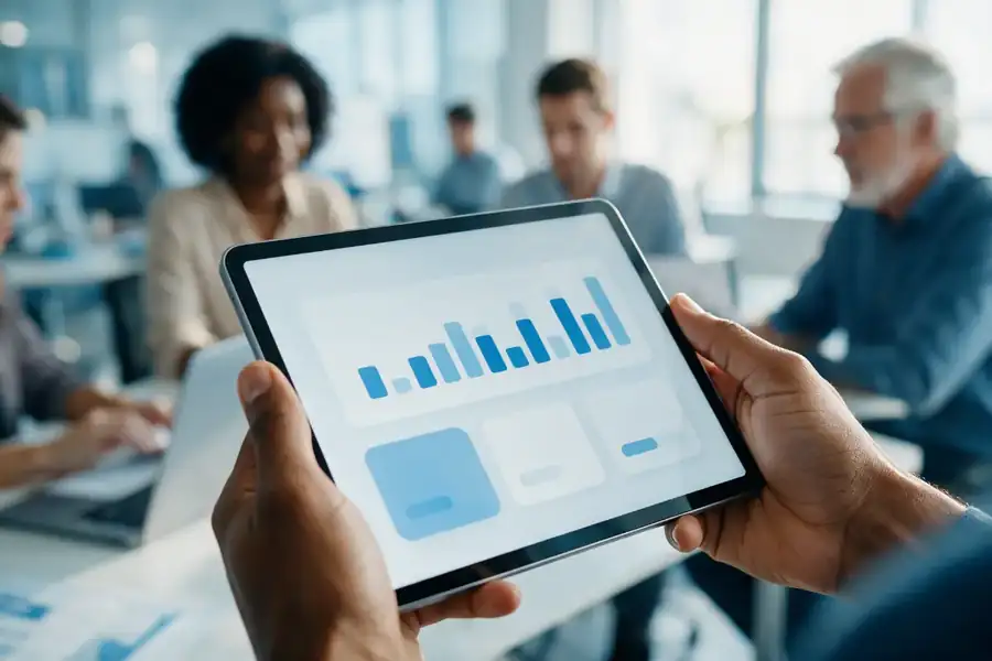 Painel financeiro em tablet nas mãos de um gestor, com a equipe da BBZ ao fundo