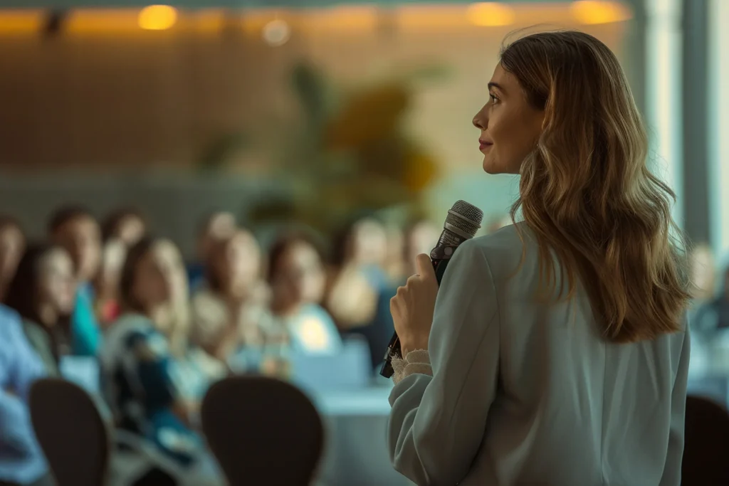 Mulher palestrando em uma assembleia